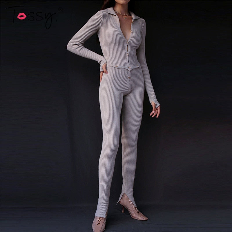 Tossy Skinny Two Piece Set Women Knit V-Neck Long Sleeve Top And Pants Female Jumpsuits 2 Piece Outfits Sexy Femme Matching Sets