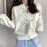 Japanese Women Autumn Sweater and Cardigans Standard Collar Knit Tops Long Sleeve Flower Embroidery Cardigan Loose White Tops