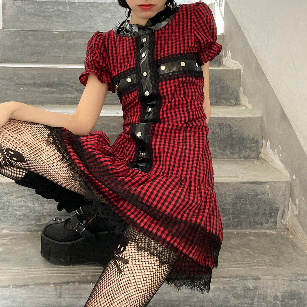 Rosetic Devil Cross Rivet Gothic Plaid Dress Women Summer New Lace Punk Short Dresses 2020 Casual Vintage Mini Red Lolita Girl