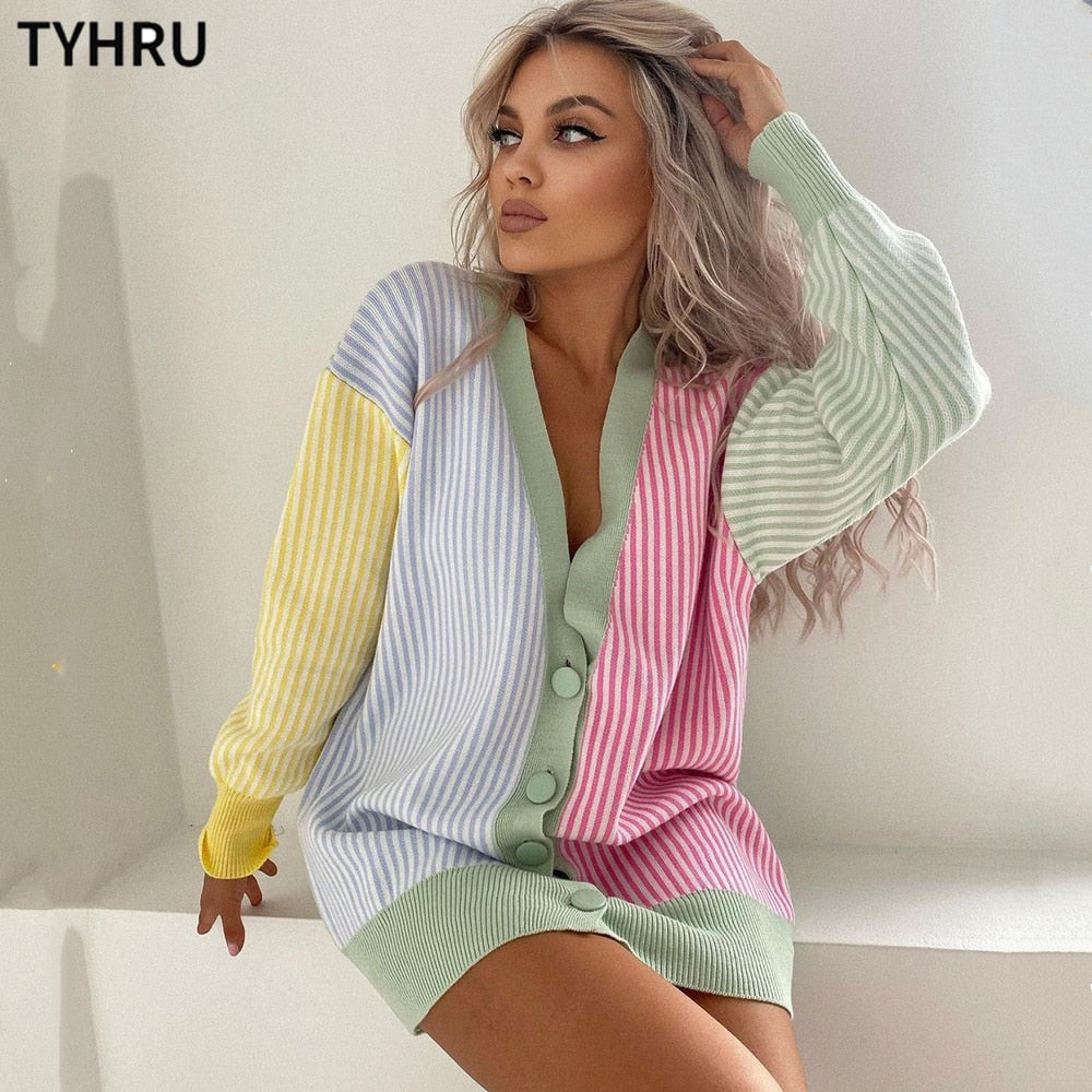 TYHRU Autumn Winter Lady Color Matching Striped Knitted Sweater Single-breasted Buttons Coat Long Sleeve Casual Cardigan Outwear