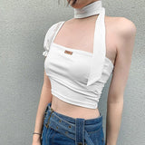 Billlnai 2023 Graduation party  Gothic Sexy Halter Tops Summer Streetwear Y2K Skinny Puff Sleeve White Crop Top Women Casual One Shoulder T Shirt