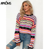 Aproms Multi Color Blocked Knitted Pullover Women Summer Casual Flare Sleeve Hollow Out Sweater Cool Girls Fashion Jumper 2023
