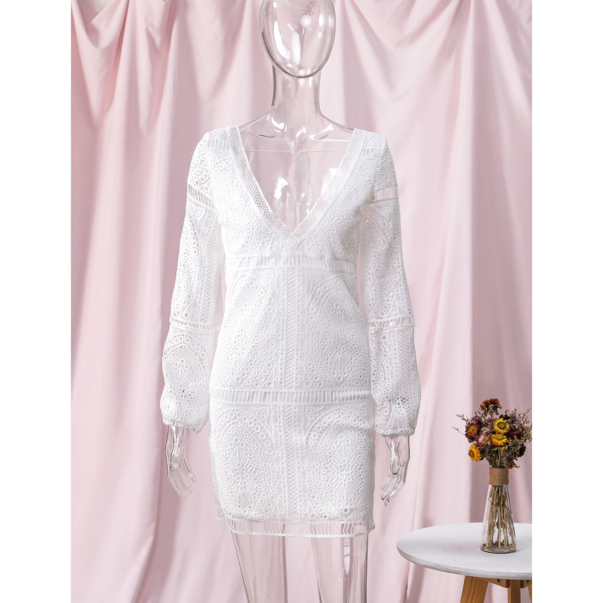Jastie Backless White Embroidered Lace Dress for Women Boho Beach Short  Dresses Deep V-Neckline Sexy Mini Dress Female Vestidos
