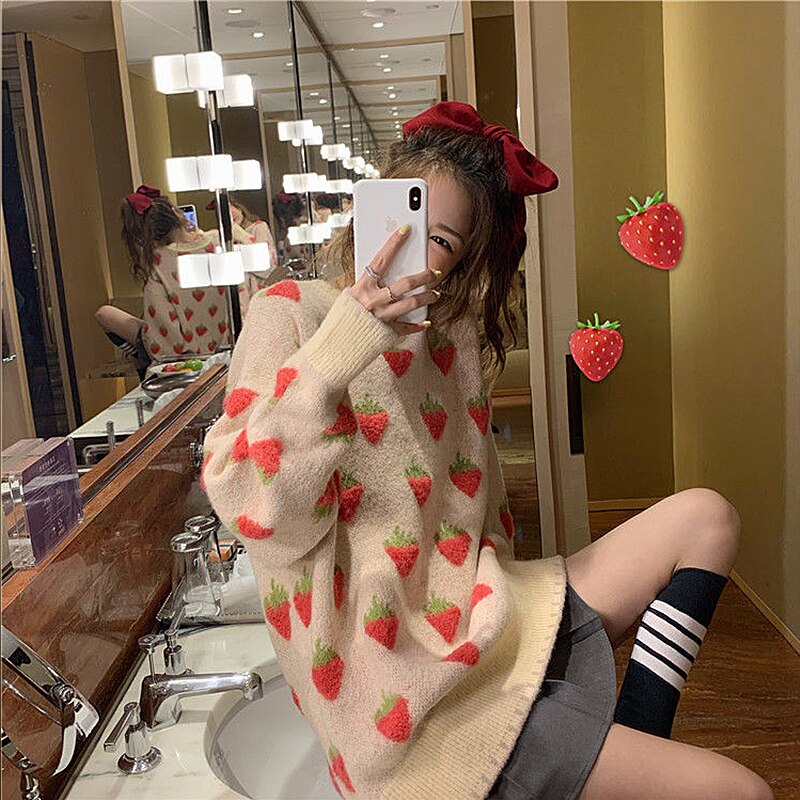 Female Sweater Knitted 2023 Autumn Korean Fashion Strawberry Long Sleeve Jumper Women Sweet O-neck Loose Pullovers