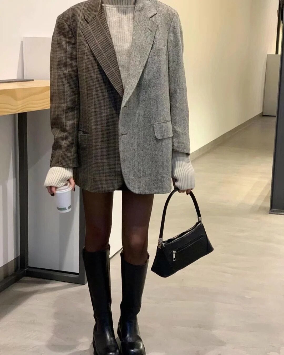 Christmas Gift Withered 2023 Ins Fashion Blogger Vintage Partchwork Plaid Wool Blazer Feminino Color Contrast Blazer Women Blazers And Jackets