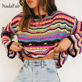 Christmas Gift Nadafair Rainbow Stripe Knit Sweaters Autumn Women's Pullovers Long Sleeve Fashion Tops Hollow Out Sexy Jumper Femme Sweater
