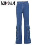 Bold Shade Street Style Indie Boyfriend Baggy Pants 90s Vintage Pockets Wide Legs Jeans Unicolor Women High Waist Trousers Fall