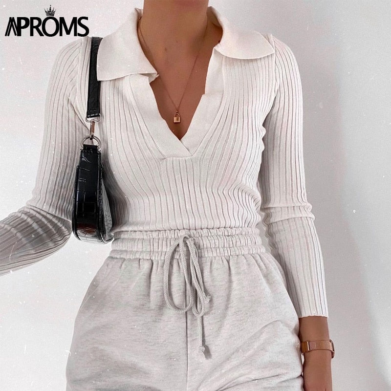 Aproms Vintage Candy Color V-neck Ribbed Knitted Sweaters Women Long Sleeve Soft Bodycon Pullovers 2023 Spring Stretch Jumpers