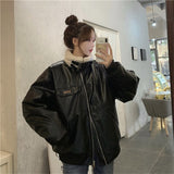 Winter Korean lamb fur loose short padded PU leather tooling cotton jacket women warm parkas black