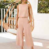 BerryGo Casual Pink Two-piece Summer Women Pant Sets Elegant Sleeveless Top Trouser Set 2023 Fashion Button Office Ladies Suit