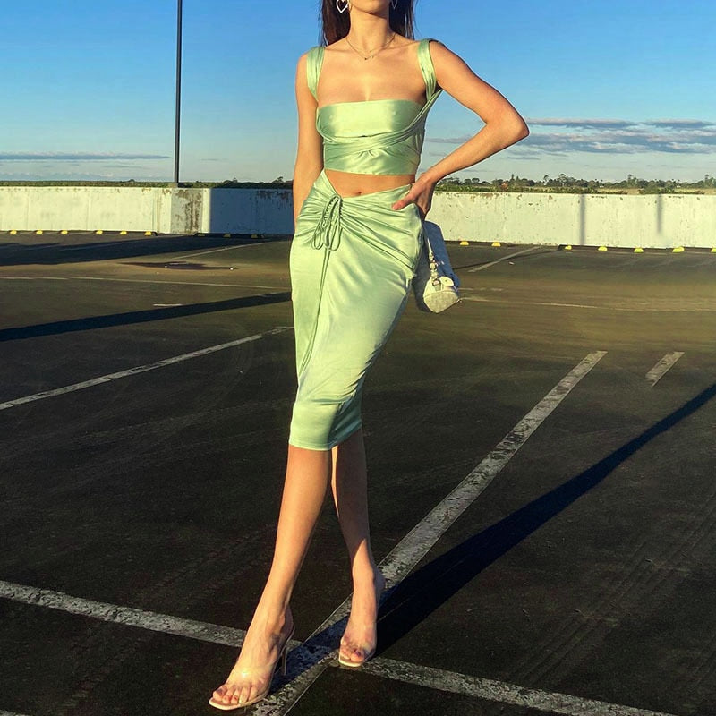 Sexy Backless Lace Up Two Piece Set Women Green Sleeveless Satin Two Piece Set Women Spring Streetwear Slim Ruched Sets