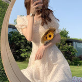 Billlnai  2023  Summer Floral Design Sweet Dress Short Sleeve Chiffon Elegant Dress Korean Style Square Collar Party Dress for Female Dot