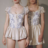 Billlnai  2023  Women Elegant Designer French Vintage Print Halter Tops Chic Bandage Floral Corset Shirts Sexy Style Party Club Ladies Top