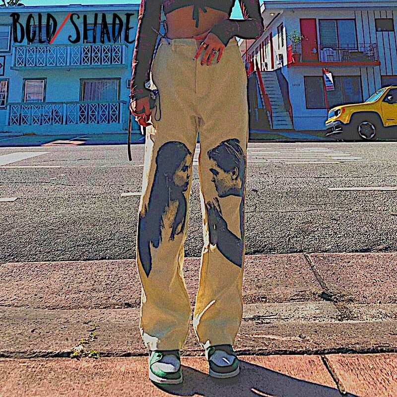 Bold Shade Grunge Streetwear Corduroy Pants Graphic Print Mid Waist 90s Vintage Style Trousers Y2K Indie Fashion Straight Pants