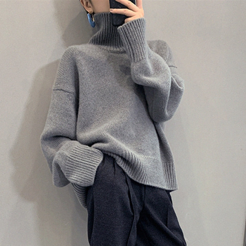 Billlnai  2023  Women's Turtleneck Long Sleeve Sweater Oversize Pullovers Top Female Autumn Solid Gray Khaki Knitted Sweaters for Women Knitwear