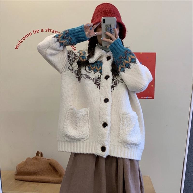 Thickened New Lamb Knitted Coat Red Christmas Sweater Women's Autumn Winter Vintage Coat Lapel Furry Jacket Sweet Girl Festival