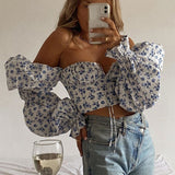 Cryptographic Blue Floral Print Tie Front Top and Blouses Shirts Square Collar Puff Sleeve Elegant Vintage Sexy Shirt Tops Chic