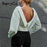 BerryGo V neck white Backless chain women blouse shirts Long sleeve botton turn down collar tops Elegant spring blouse ladies