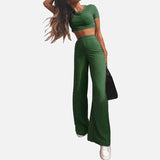 Knitted Suit Women's Tracksuit Short Sleeve Crop Top Wide Leg Long Pants 2 piece Sets Womens Outfits  2023 Summer Streetwear Set