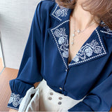 Christmas Gift Vintage Shirt Women Embroidered Floral Long Sleeve Tops Button Up Blouses Business Casual Retro Designer Aesthetic Clothes