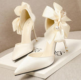 2023 Korean Fashion Pointed Satin High Heels Bow Sexy Pearl Sandals Stiletto Shallow Mouth Wedding Shoes