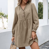 Autumn 2023 Women's Clothing New Pure Color Elastic Waist Pullover Cotton Wood Ear Collar V-Neck Bubble Long Sleeves Dress Woman