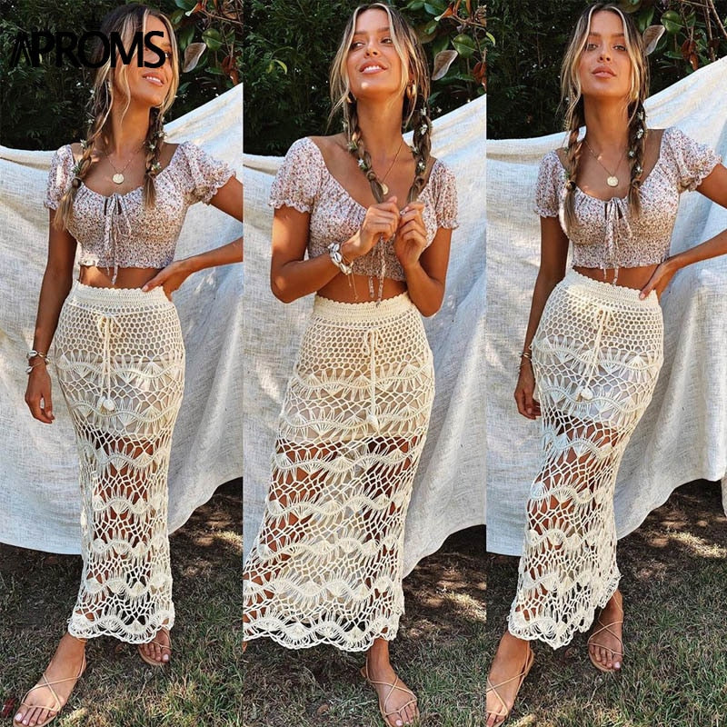 Aproms Bohemia Crochet Kintted Long Maxi Skirt Women Vintage Cotton Hollow Out Skirts Ladies Summer Beach Pencil Skirts 2023
