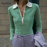 Christmas Gift Nadafair Houndstooth Sweaters Women Green Long Sleeve Streetwear Skinny Y2K Plaid Vintage Knitted Pollovers Tops 2023 Jumpers