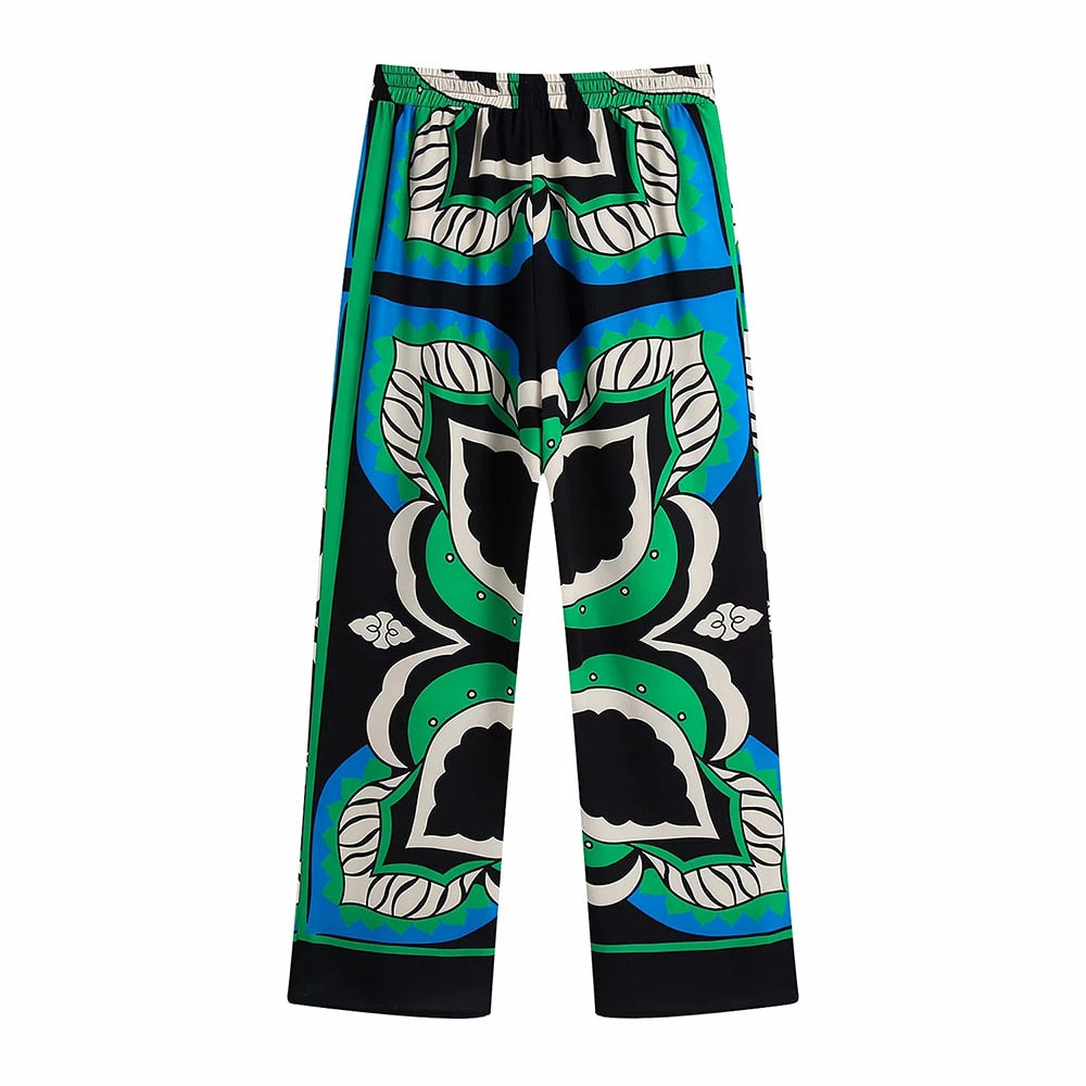 2023 New Summer Women Bohemia Vintage Print Elastic High Waist Pants Female Fashion Casual Chic Long Trousers