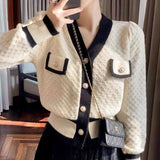 Billlnai  2023  Vintage Ladies Knitted Cardigans Sweaters Women Long Sleeve V-neck French Chic Lady Fashion Slim Tops  Autumn Winter