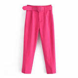 Women's Pants High Waist With Belt Classic Pockets Office Lady Ankle-length Trousers Female 2023 Spring Fashion Pink Harem Pants