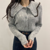 Ardm Fashion Women Sweaters Sweet Patchwork Ruffled Knitted Sweater Vintage Peter Pan Collar Pull Femme Winter Pullovers Tops