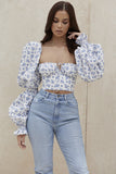 Cryptographic Blue Floral Print Tie Front Top and Blouses Shirts Square Collar Puff Sleeve Elegant Vintage Sexy Shirt Tops Chic