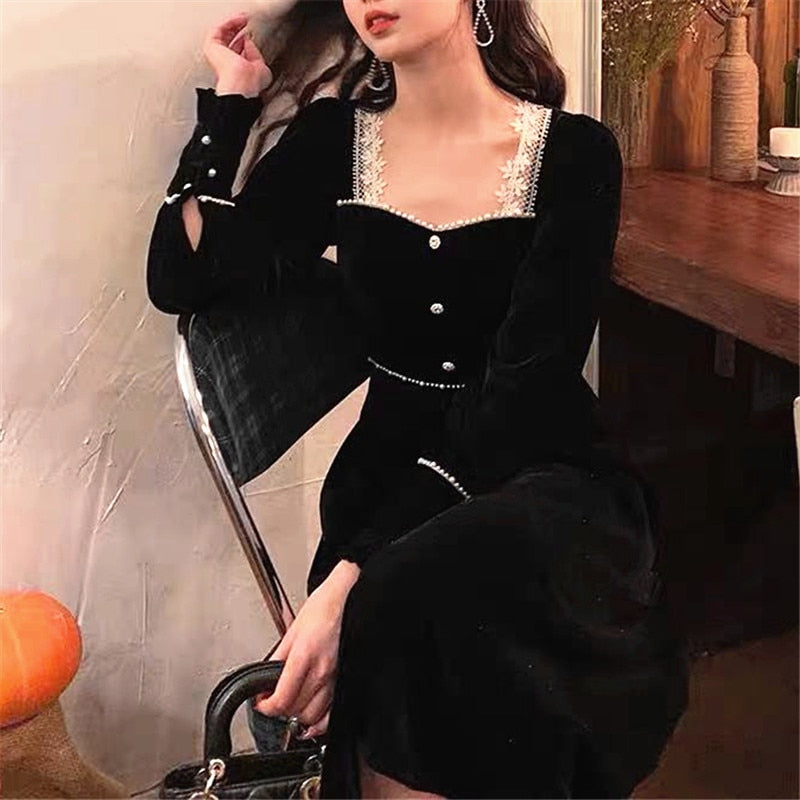 Billlnai  2023 Winter Vintage Black Velvet Dress Women Casual Elegant Long Sleeve Gothic Party Midi Dress Female  One-piece Dress Korean