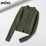 Aproms Elegant High Neck Zipper Front Knitted Sweater Women Solid Basic Cropped Pullover Winter Spring Fashion Clothing Top 2023