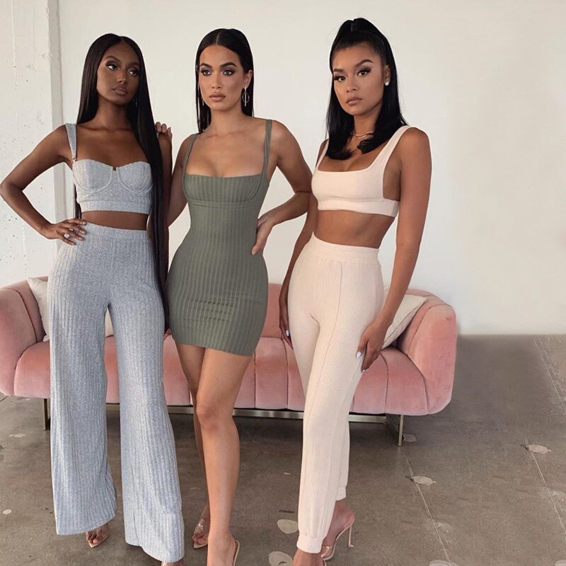 Two Piece Set Women Knitted Tracksuit Sleeveless Strapless Crop Top And Pants Sexy 2 Piece Sets Womens Outfits 2023