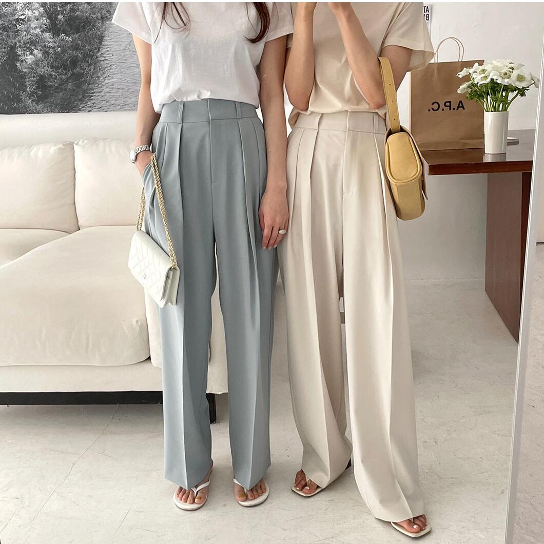Summer Korean Office Lady Straight Trousers Loose solid High Waist Wide Leg Long Pants Women Casual Pantalon Pour Femme 2023