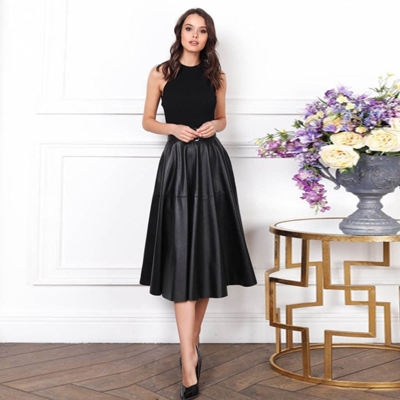 Churses Casual PU Leather A-Line Skirts Autumn Solid Color Elegant High Waist Office Lady Long Skirts 2023 New Arrival
