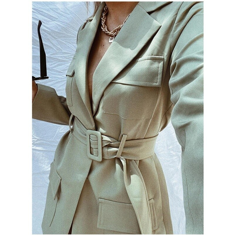 Y2K Design Solid Coat Suit Women Long Sleeve V Neck Pocket Button Blazer with Belt Casual Fashion Slim Winter Autumn Coats 2023