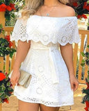 Billlnai  Graduation Party 2023 Summer Solid Off Shoulder Broderie Lace Mini White Mini Dress Skinny Bodycon With Sashes Sexy