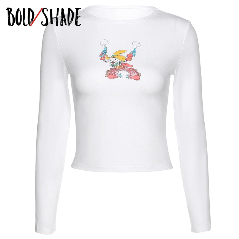 Bold Shade Vintage 90s Grunge Fashion Tees Printed Crewneck Long Sleeve Crop Tops Streetwear Style Autumn Women Indie Outfits