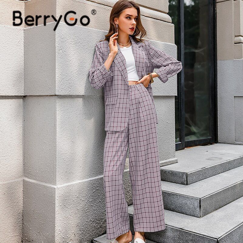 BerryGo Elegant plaid two-pieces women blazer suit Casual streetwear suits female blazer set Chic office ladies women coat suit