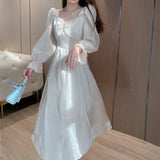 Billlnai 2023 Autumn Evening Party Midi Dress Women Long Sleeve Vintage Elegant Pure Color Dress Office Lady Chic One Piece Dress Korean