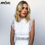 Aproms White Lace Crochet Tank Tops Women Summer Sexy High Neck Hollow out Zipper Crop Top Slim Fit Tees 2023
