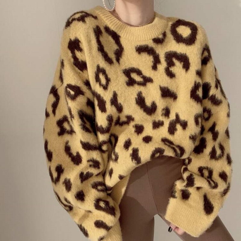 Vintage Leopard Loose O-Neck Women Sweater Knit Tops Long Sleeves Pullover Mohair Soft Knitting pull femme 2023 Autumn Winter