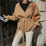 2023 Korean Winter Casual Handmade Women Lacing Belt Short High End Double Sided 100% Wool Coat Plus Size Loose Overcoat