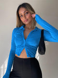 Tossy 2023 Slim Ruched Ladies Sparkle Shirts Women Sexy Fashion Clothing Button Up Collar Glitter Shirt Long Sleeve Cropped Top