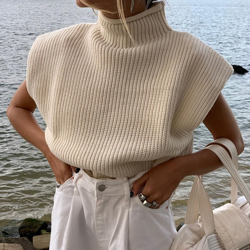 Billlnai  2023  Women Knitted Sweaters Sleeveless Harajuku Solid Casual Turtleneck Pullover Knitting Vest Spring Jumper Tank Top Sweater Female