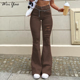 WeiYao Vintage Brown Solid Y2K Flared Jeans Woman High Waist Streetwear Joggers Holes Slim Sexy E Girl Denim Trousers 90s