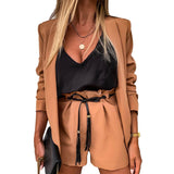 Women Sleeveless Solid Button Up Elastic Waist Blazer Tops And Pocket Shorts Set Elegant Office Ladies Suits Women Workwear D30